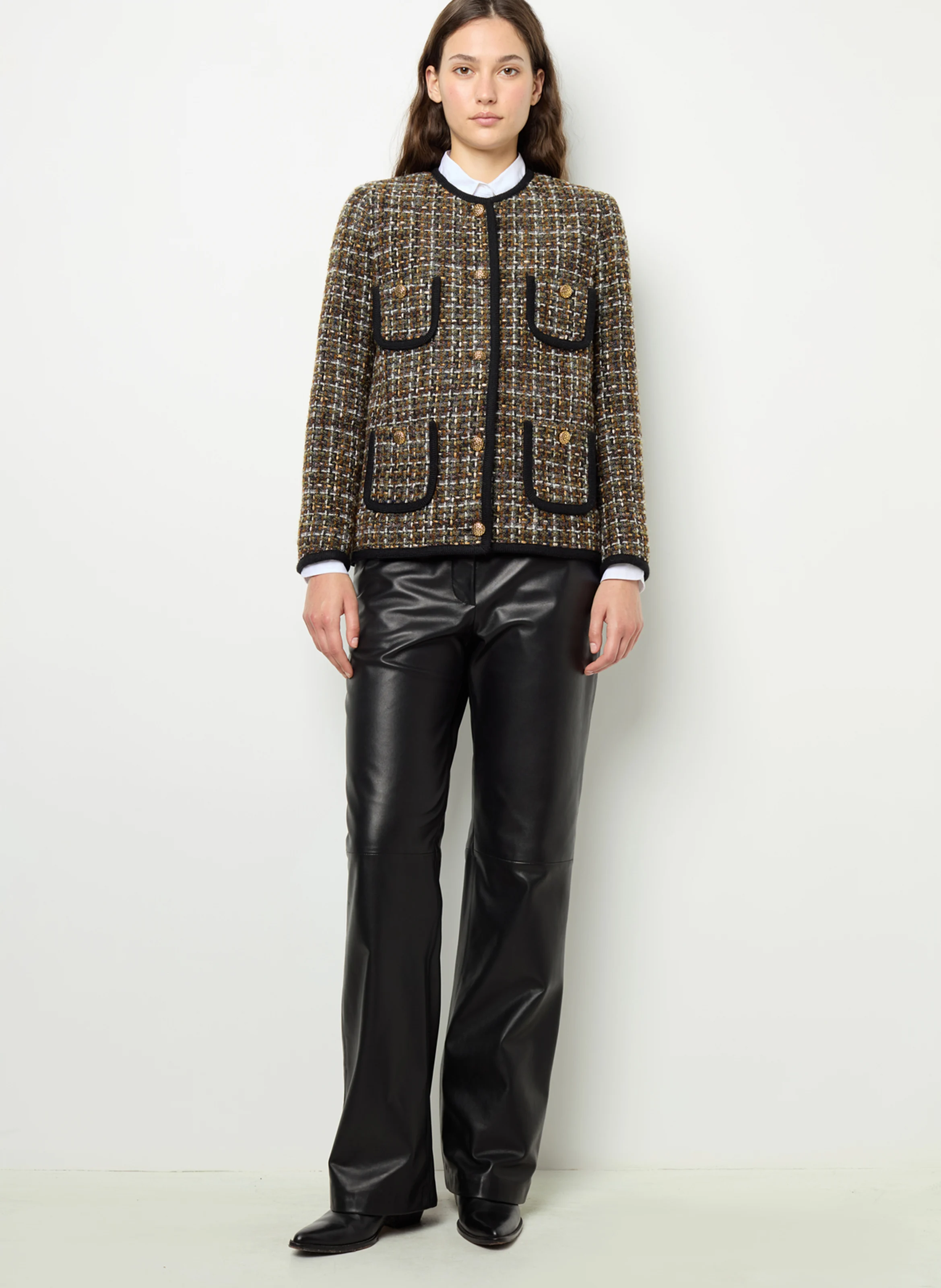 MARGAUX - Veste droite col rond en tweed | Kaki