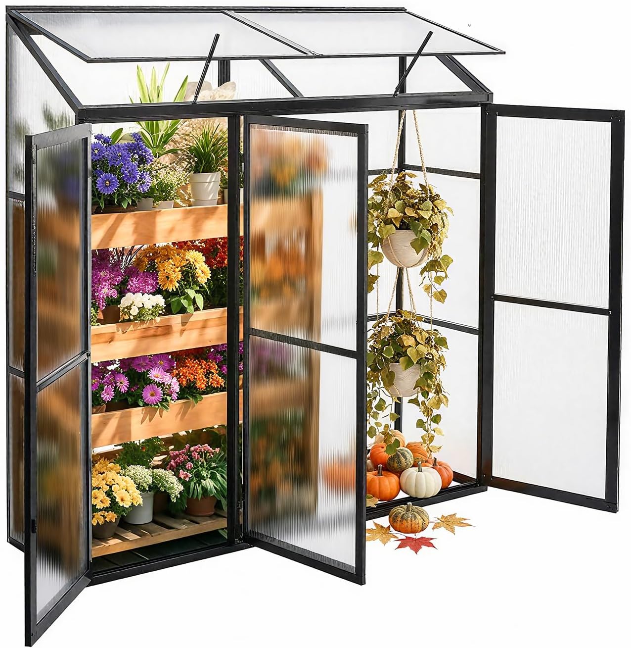 Anlehngewächshaus Aluminium Beistell-Gewächshaus (Schwarz) – 180x54x190cm, 3 Türen & 2 Oberlicht, geeignet für Zitronenbaum-Töpfe, Chrysanthemen & weitere Pflanzen, Greenhouse
