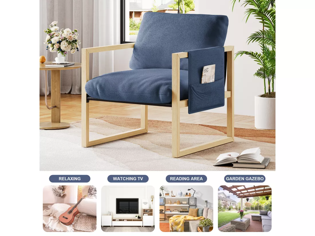 Fauteuil rembourré avec pied bois massif, avec Assise Épais, pour Salon et Chambre, tissu sherpa - 79x68x83CM - Bleu