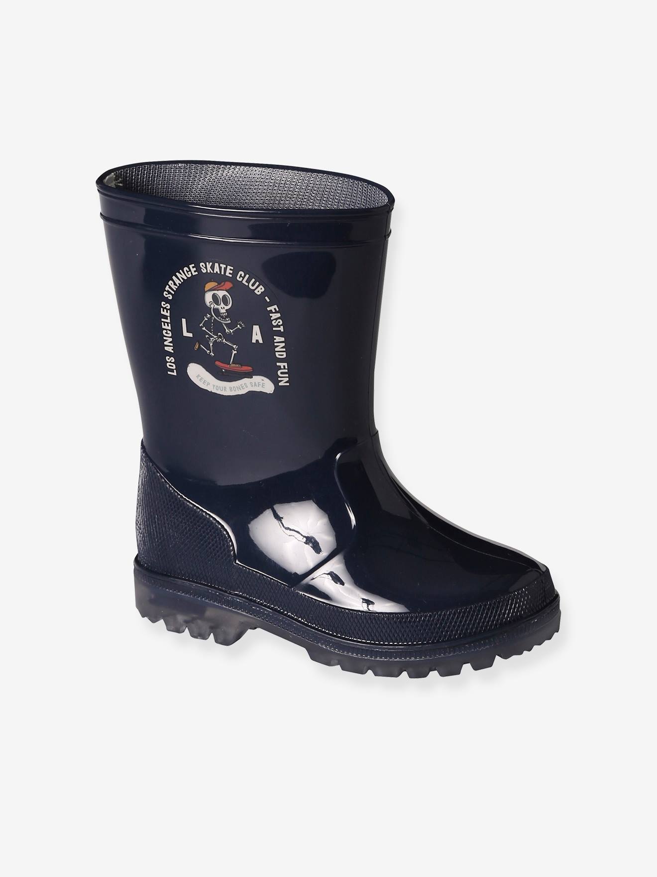 botas de chuva azul-marinho com estampa de esqueleto