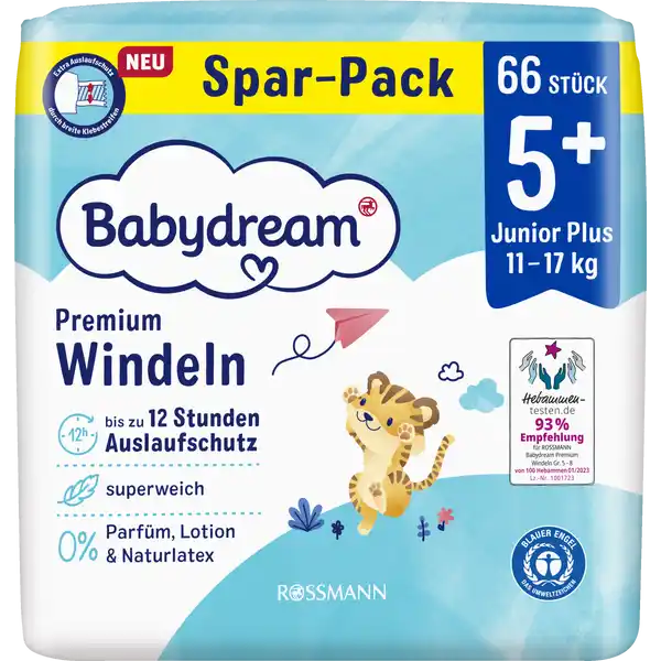 Premium Windeln Größe 5+ Junior+ Jumbo, 66 Stück, 11-17 kg