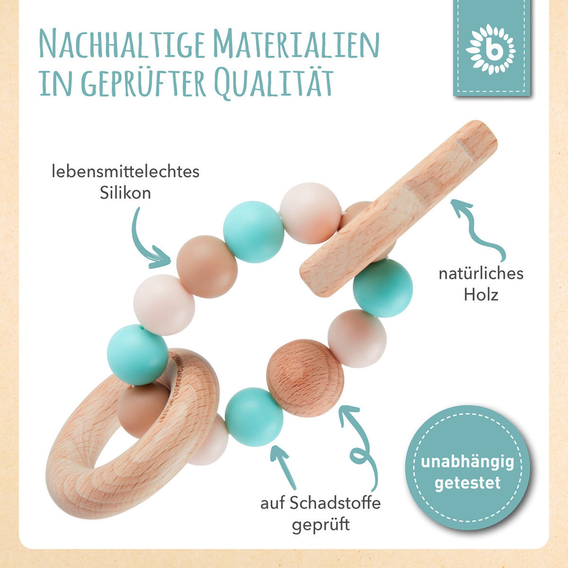 Bieco Greifling Holz Natur mit Silikon Kugel Eule - ab Geburt Blau