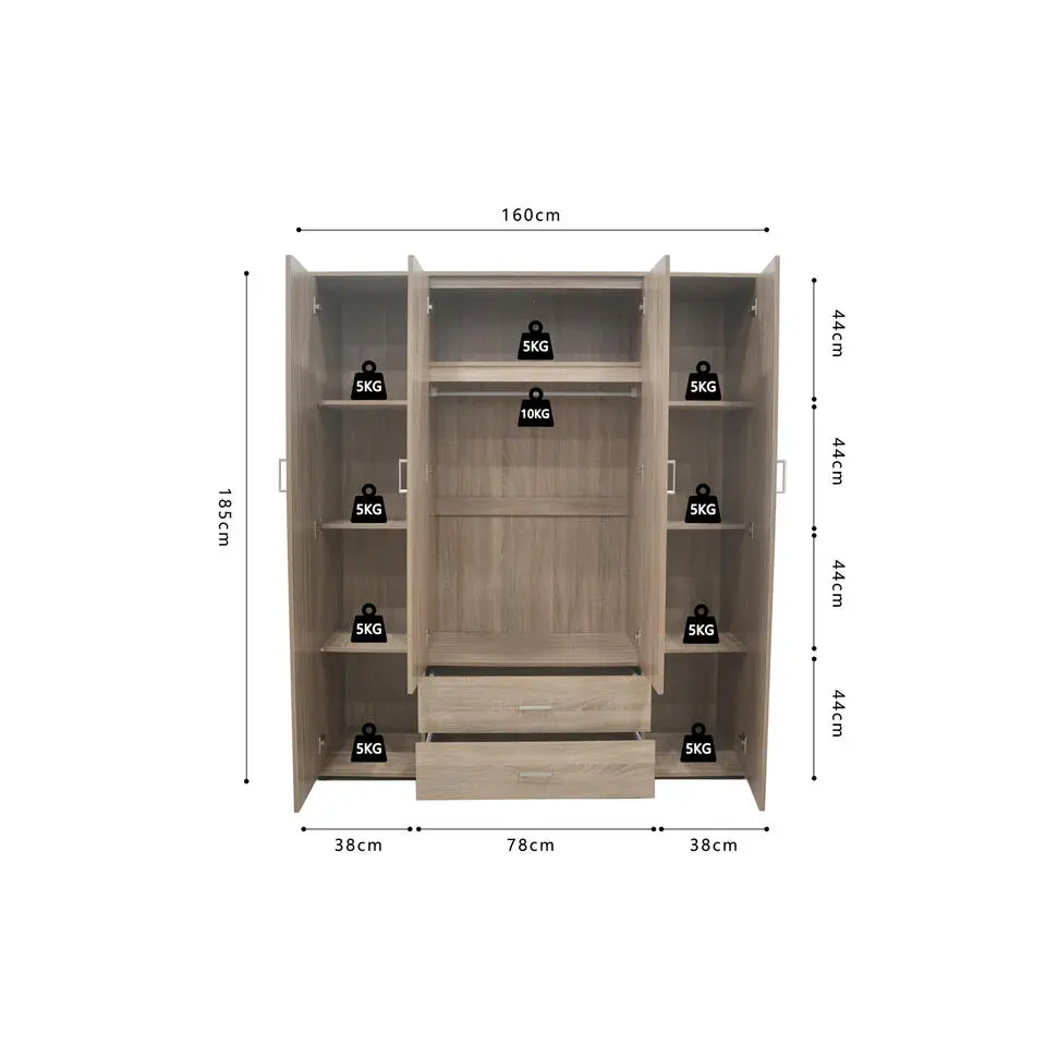 Interiax Kledingkast 'Lena' - Sonoma Eik - 4 Deurs - 185x160x52cm