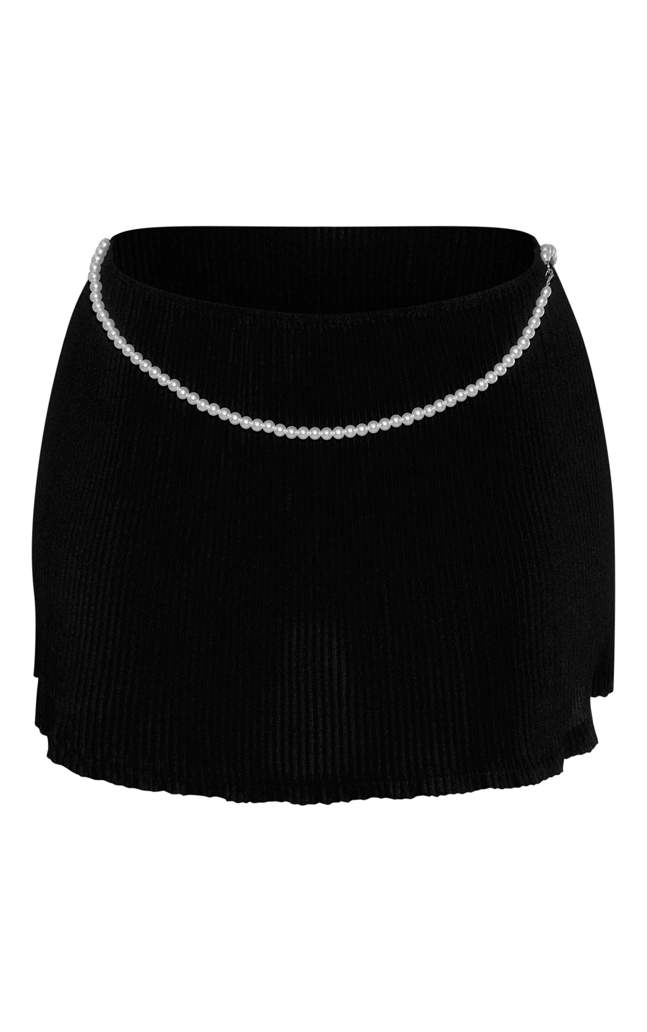 Noir Mini-jupe Plissée Taille Basse Avec Détails De Perles Coordonnée
