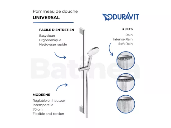 Pommeau de douche DURAVIT 3 jets type pluie flexible et barre noir mat