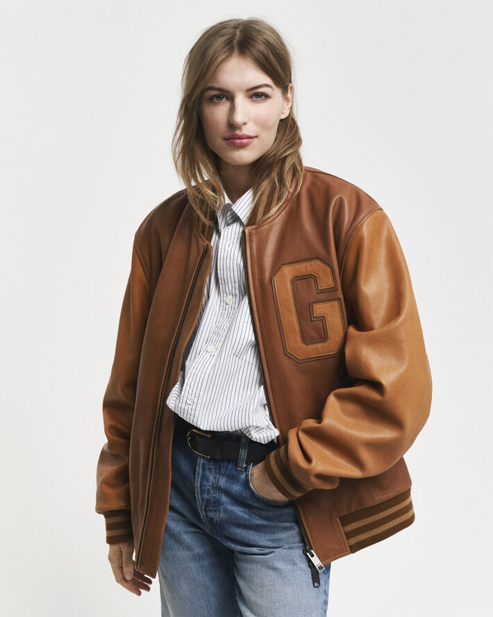 Gant LEATHER VARSITY JACKET Brown sugar