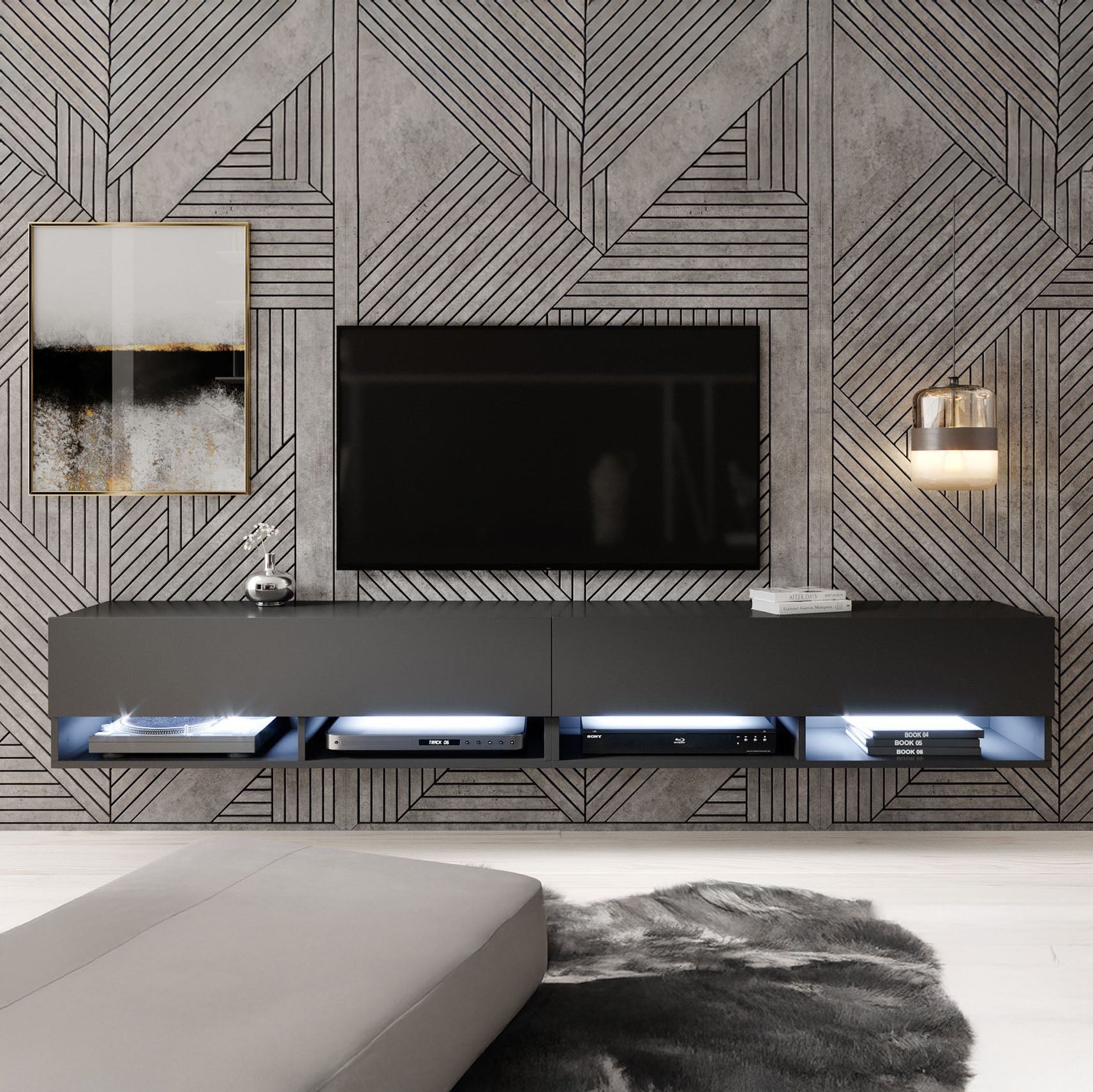 Asino - TV-Meubel met verlichting - Mat zwart - 200 cm