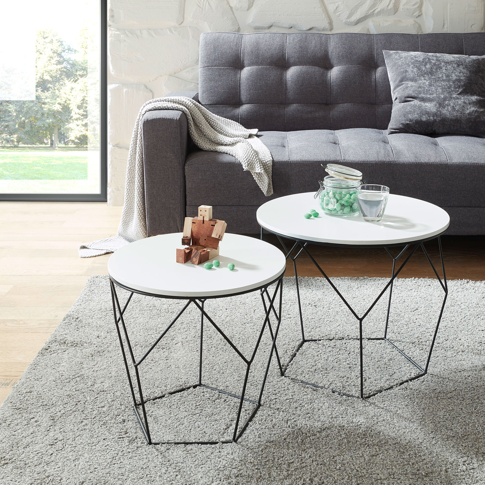 2er-Set Couchtisch - schwarz-weiß - Metallgestell
