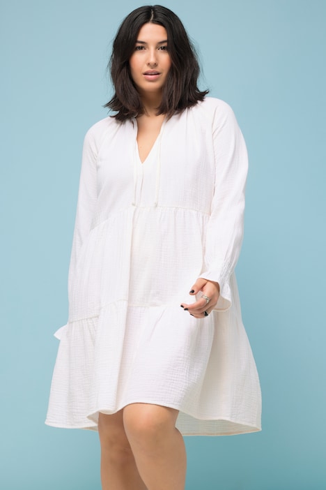 Musselin-Minikleid, A-Line, Rüschen-Ausschnitt, Langarm