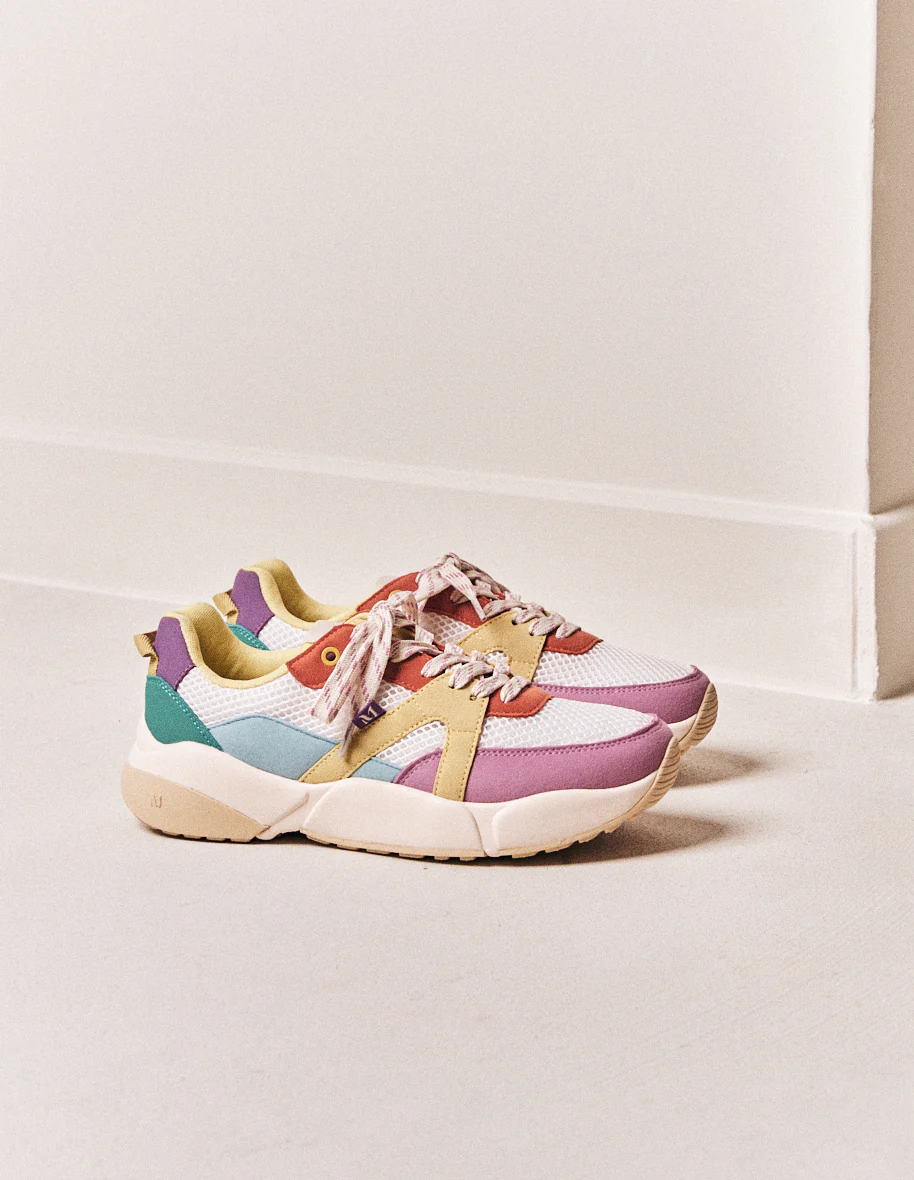 Baskets basses Lison - Suède vegan et mesh rose blanc citron