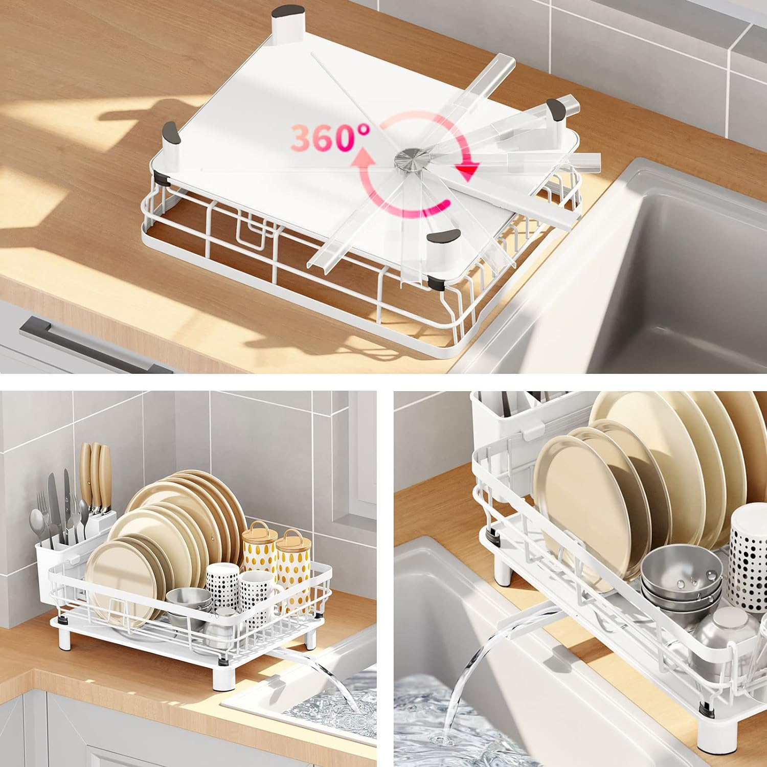 (43x33cm) Geschirr Abtropfgestell Küchen Trocknungskorb Teller Gitter Rack mit 360º Ablauf / Besteck Korb - Weiss