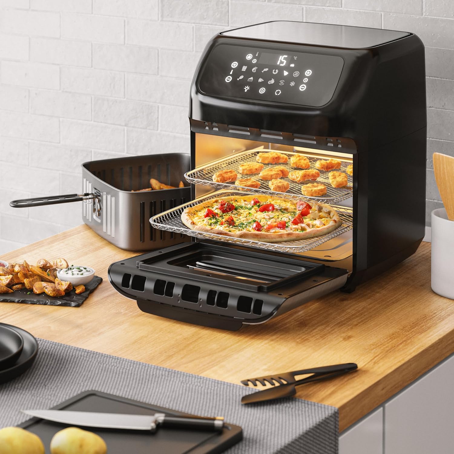 Arendo - Heißluftfritteuse XXL mit LED Touchscreen- 12 Liter - Grill - Dörrautomat - Backofen - Air Fryer - Touchscreen - Easy&Clean - Fritteuse ohne Öl - Umluft - Pizza Hähnchen Pommes - BPA frei