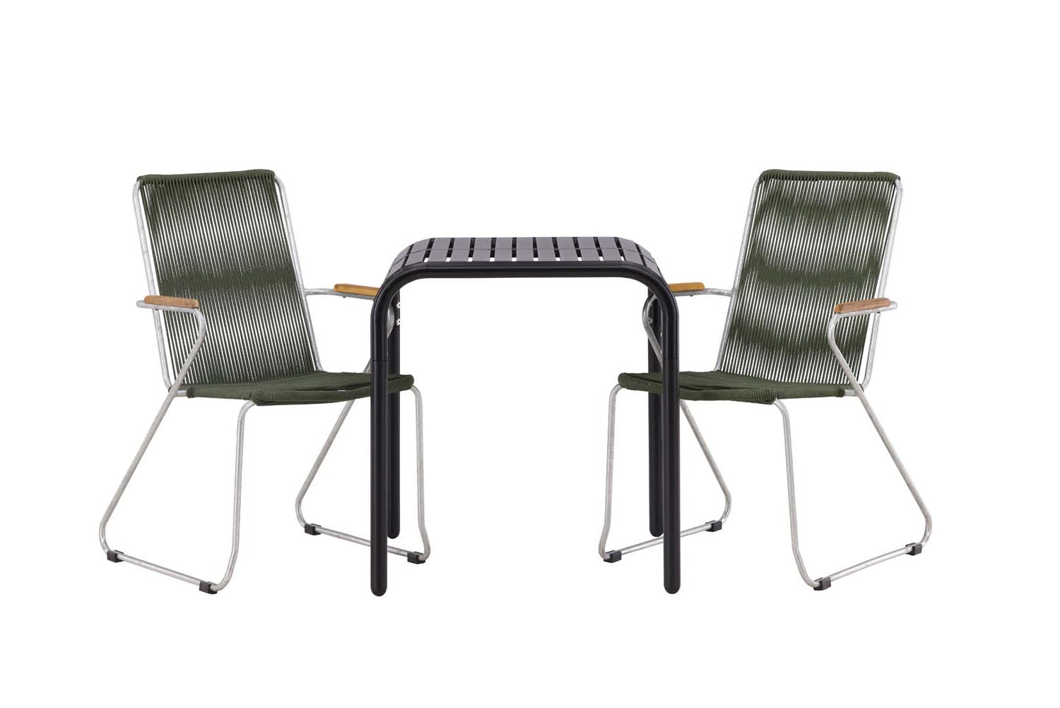 Borneo tuinset: tafel, 2 stoelen, zwart en groen. 70 x 70 x 75 cm