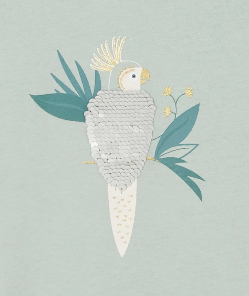 T-SHIRT BÉBÉ FILLE EN COTON BIOLOGIQUE VERT AVEC OISEAU À SEQUINS