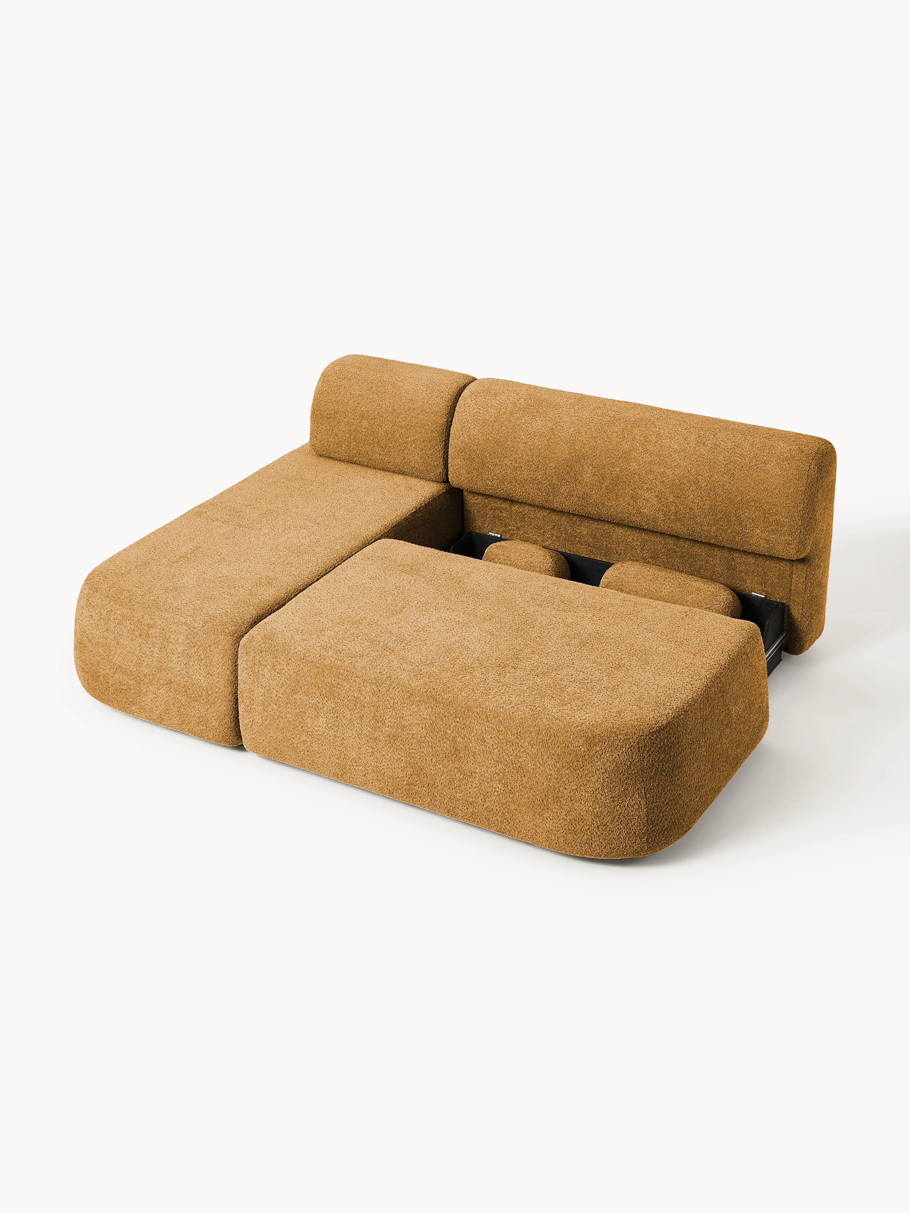Hoekbankbed Pao van teddy-bouclé met opbergruimte