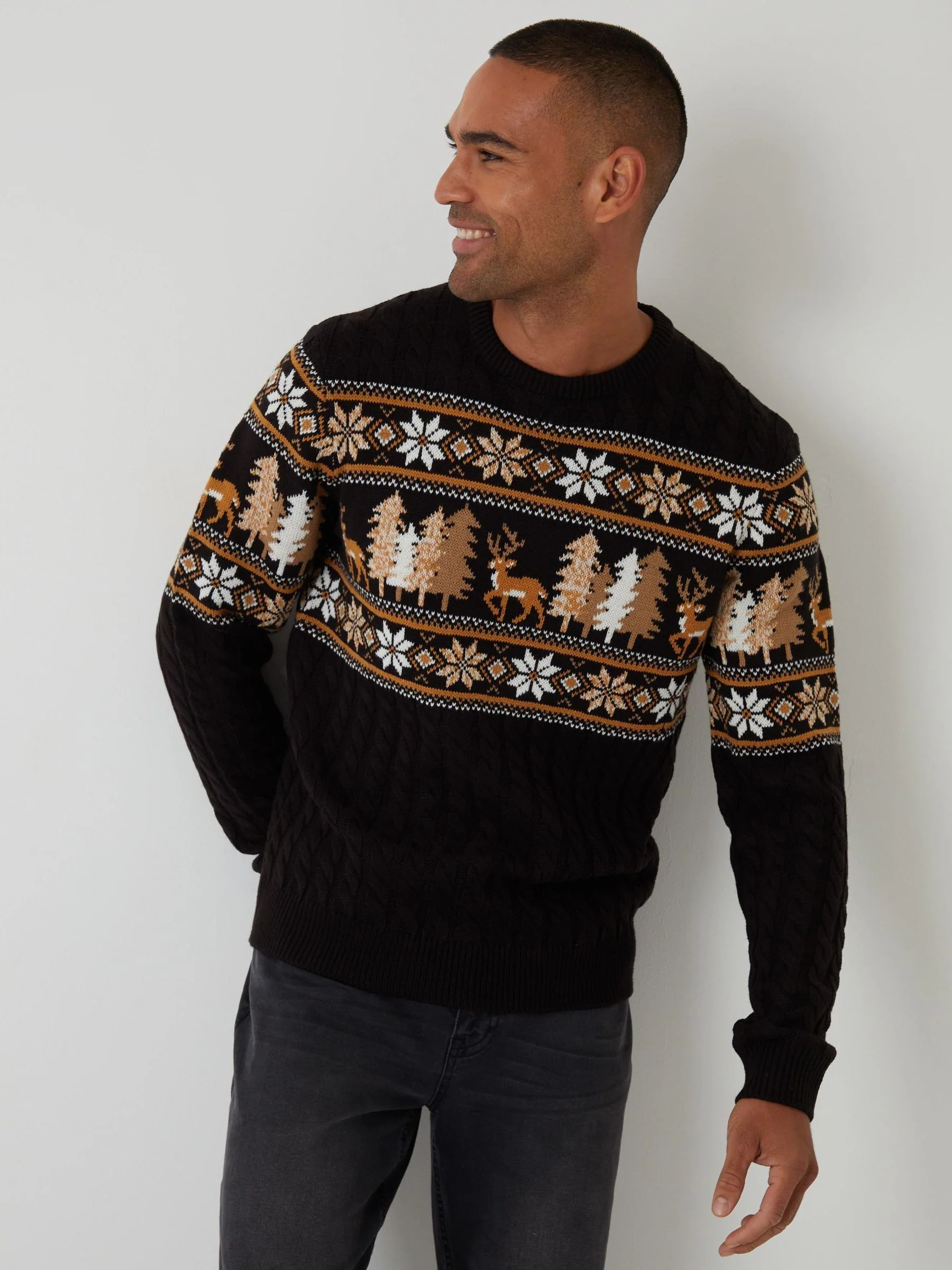 Threadbare kabelgebreide kersttrui met ronde hals en fairisle-patroon