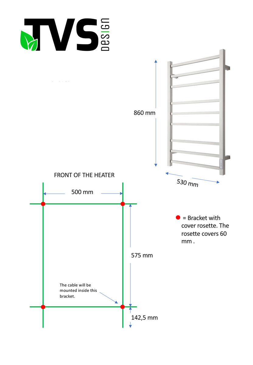 TVS Design Eldo 9F elektrische radiator RVS 100W 86x53cm