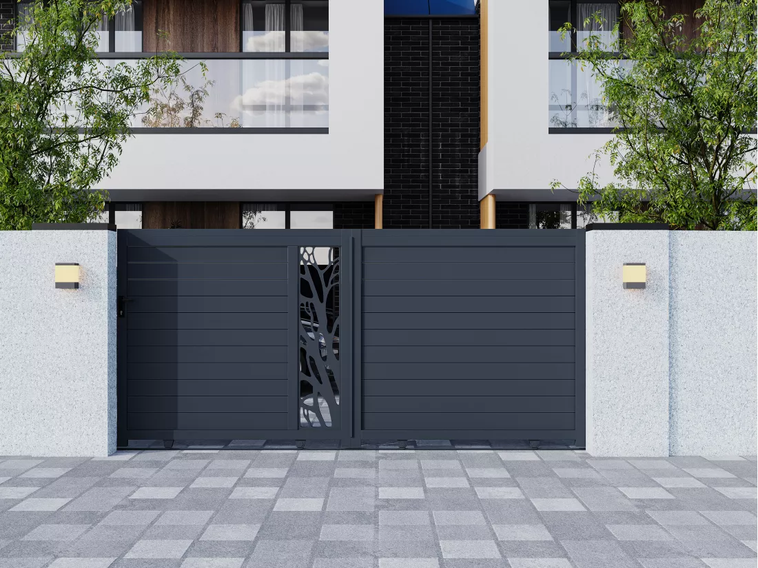 Portail électrique coulissant aluminium semi ajouré à motifs L400 x H187 cm anthracite LABRIT II
