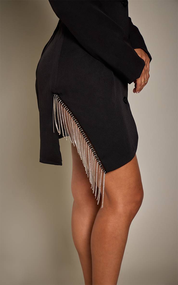 Noir Robe Blazer Tissée Avec Bordure Strass Et Détails De Pompons