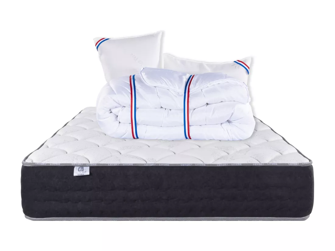 Matelas 160x200 cm, Sérénité, Ressorts Ensachés, Soutien très ferme + 2 Oreillers +Couette