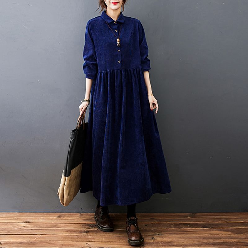 Lucuna - Lange mouwen, kraag, effen corduroy midi-lijn jurk