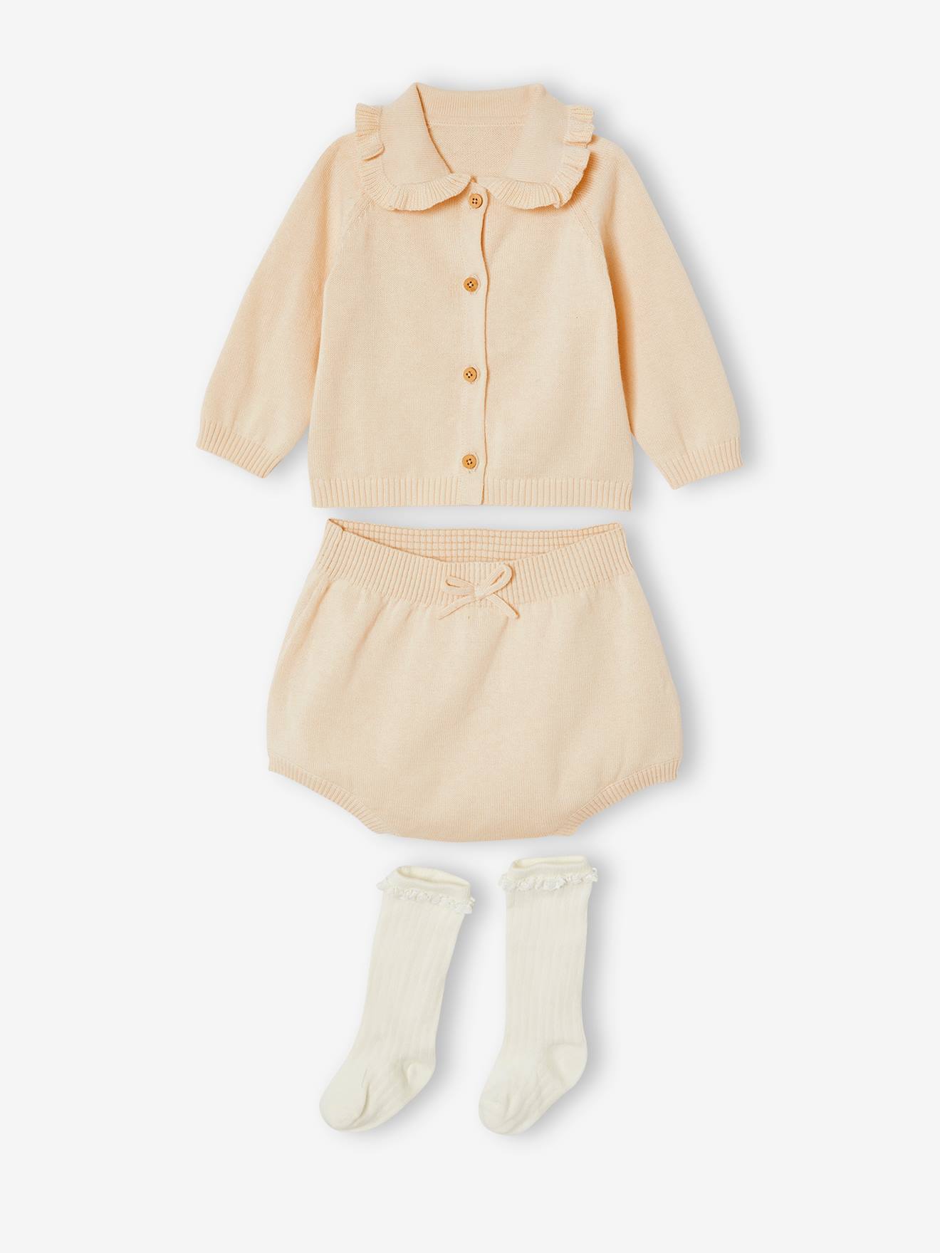 Conjunto de 3 peças: casaquinho + calça tipo bloomer + meias lisas rosa claro para recém-nascido