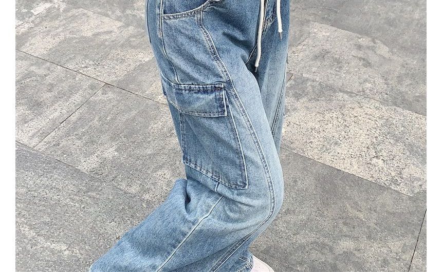 Doromynn - Hoge taille, effen baggy cargojeans met trekkoord