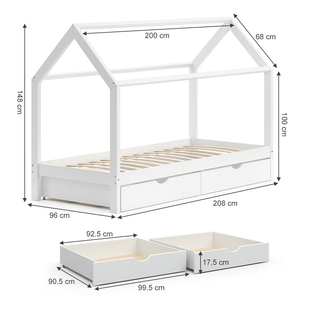 VITALISPA Kinderbett Hausbett Schubladen Bett Holz Kinderhaus weiß 90x200 cm