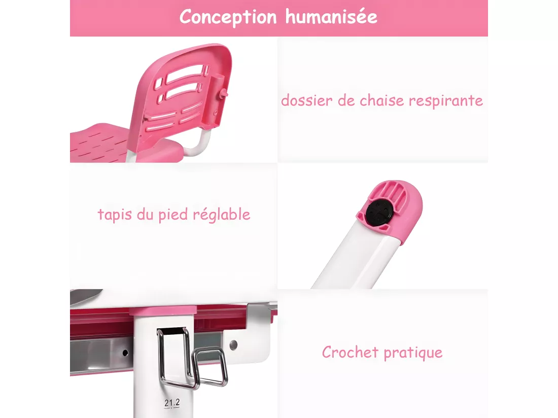 Set Bureau et Chaise pour Enfants avec Lampe LED,Bureau Inclinable 0°-40°,Hauteur Réglable,Charge Maximale 80KG Rose