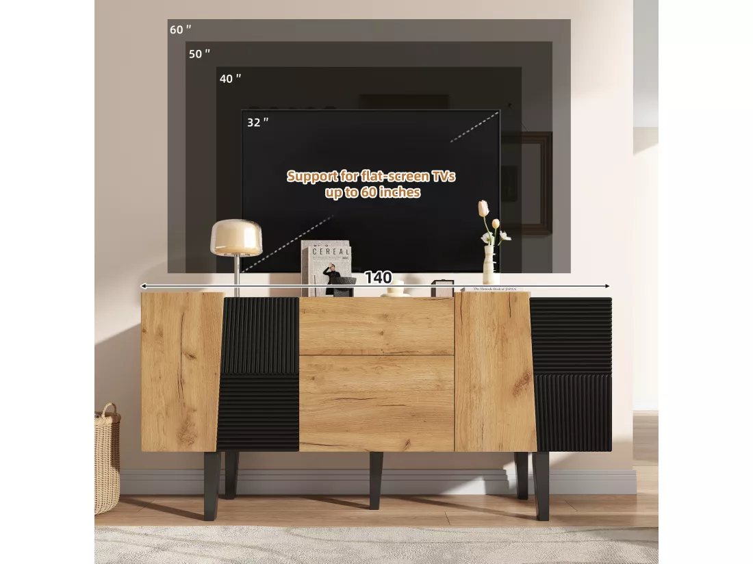 Buffet avec 4 portes et 2 tiroirs - Naturel & Noir
