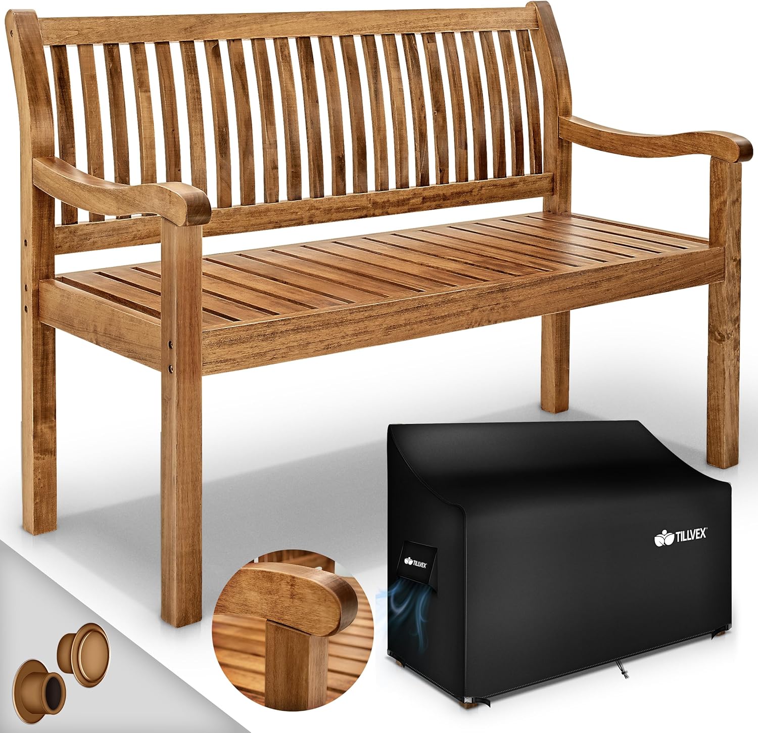 tillvex Gartenbank Holz 3-4 Sitzer inkl. Abdeckung wetterfest 150 cm | Parkbank Massivholz | Balkonbank Sitzbank 320 kg belastbar | Holzbank Gartenmöbel für Balkon, Terrasse & Garten