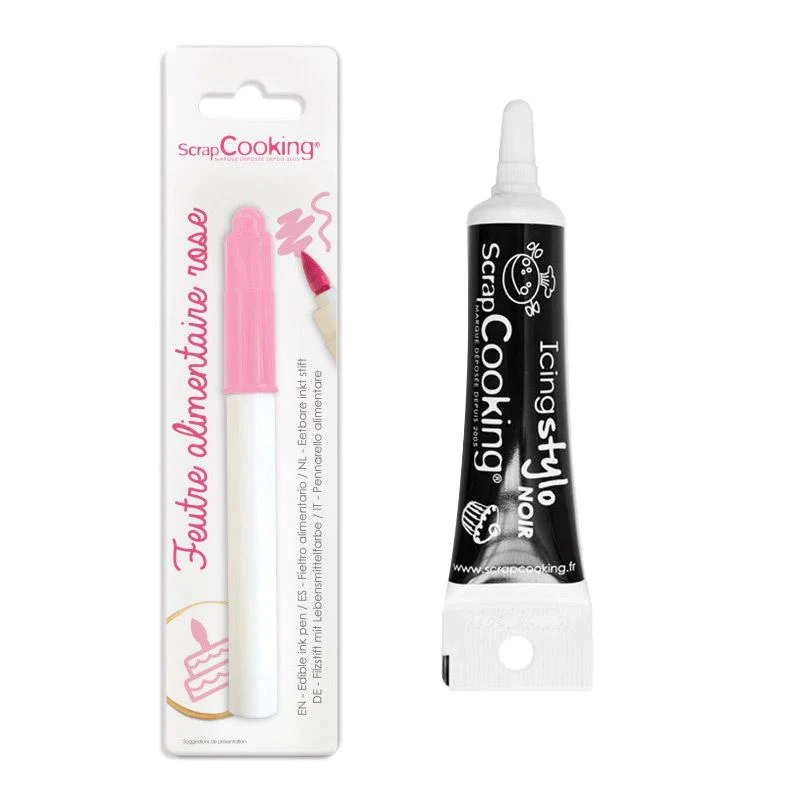Feutre alimentaire rose + Stylo de glaçage noir Scrapcooking