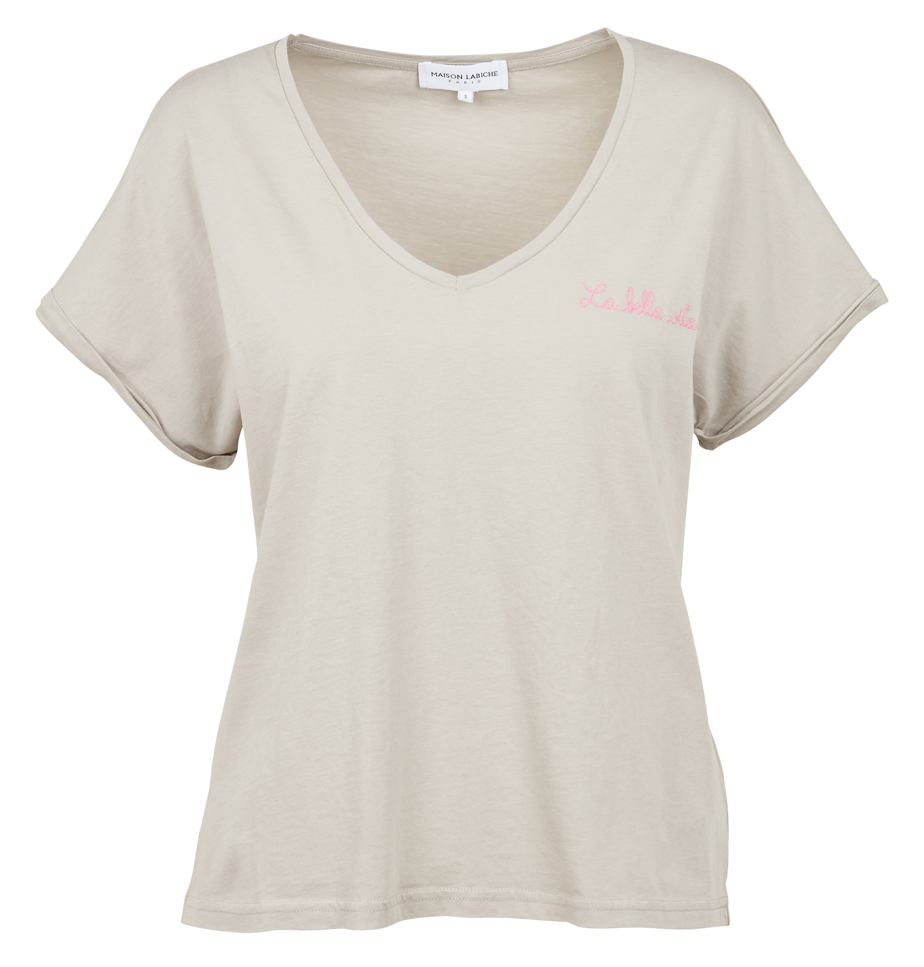 CHATEAULA BELLA VITA - Tee-shirt col V brodé La belle vita en coton| Gris