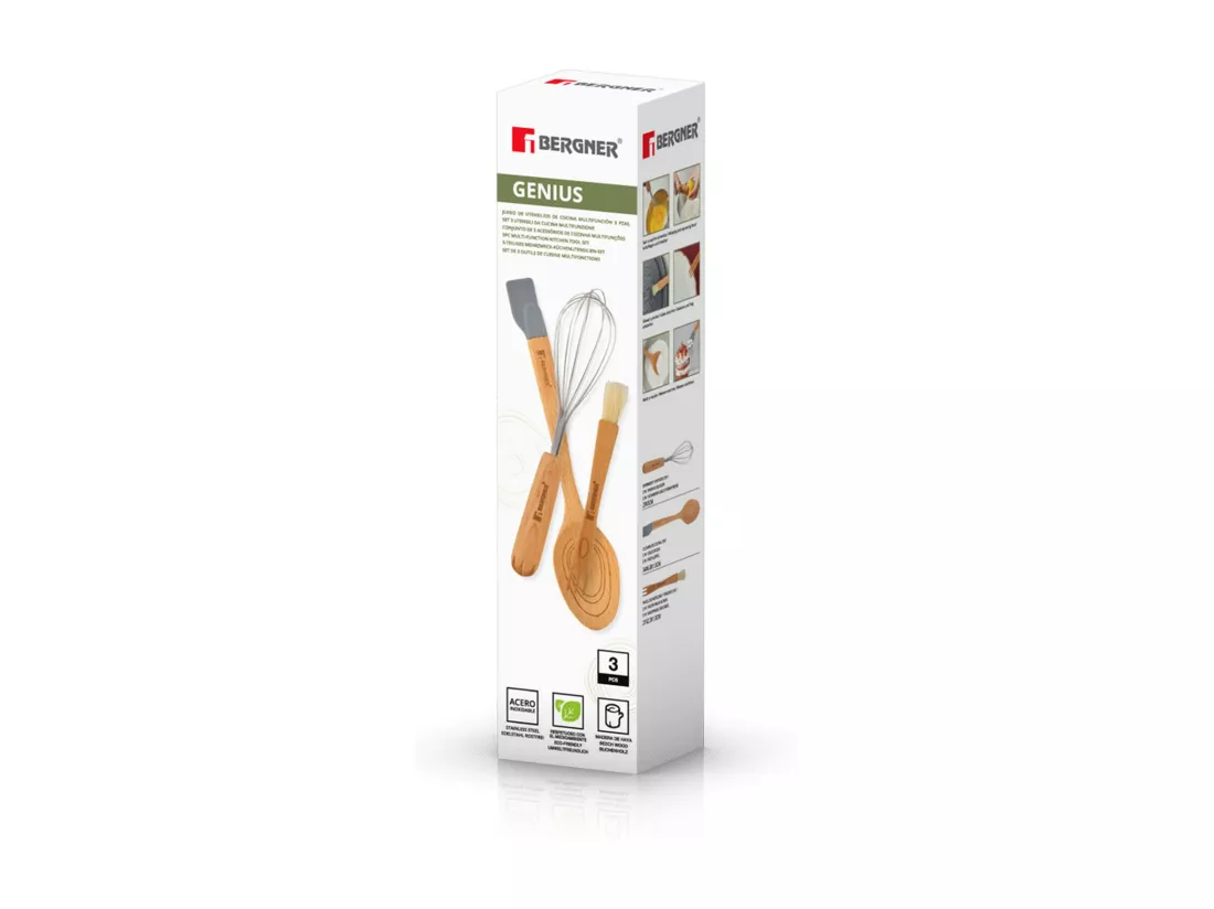Lot de 3 ustensiles de cuisine multifonctions GENIUS 2 en 1 en acier inoxydable et silicone Bergner.