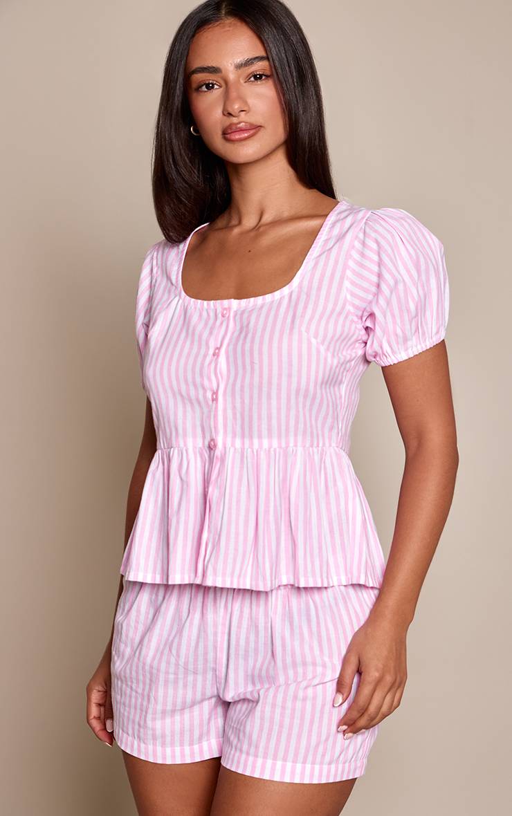 Rose Blouse À Rayures En Coton Avec Manches Bouffantes Et Boutonnage Co-ord Petite