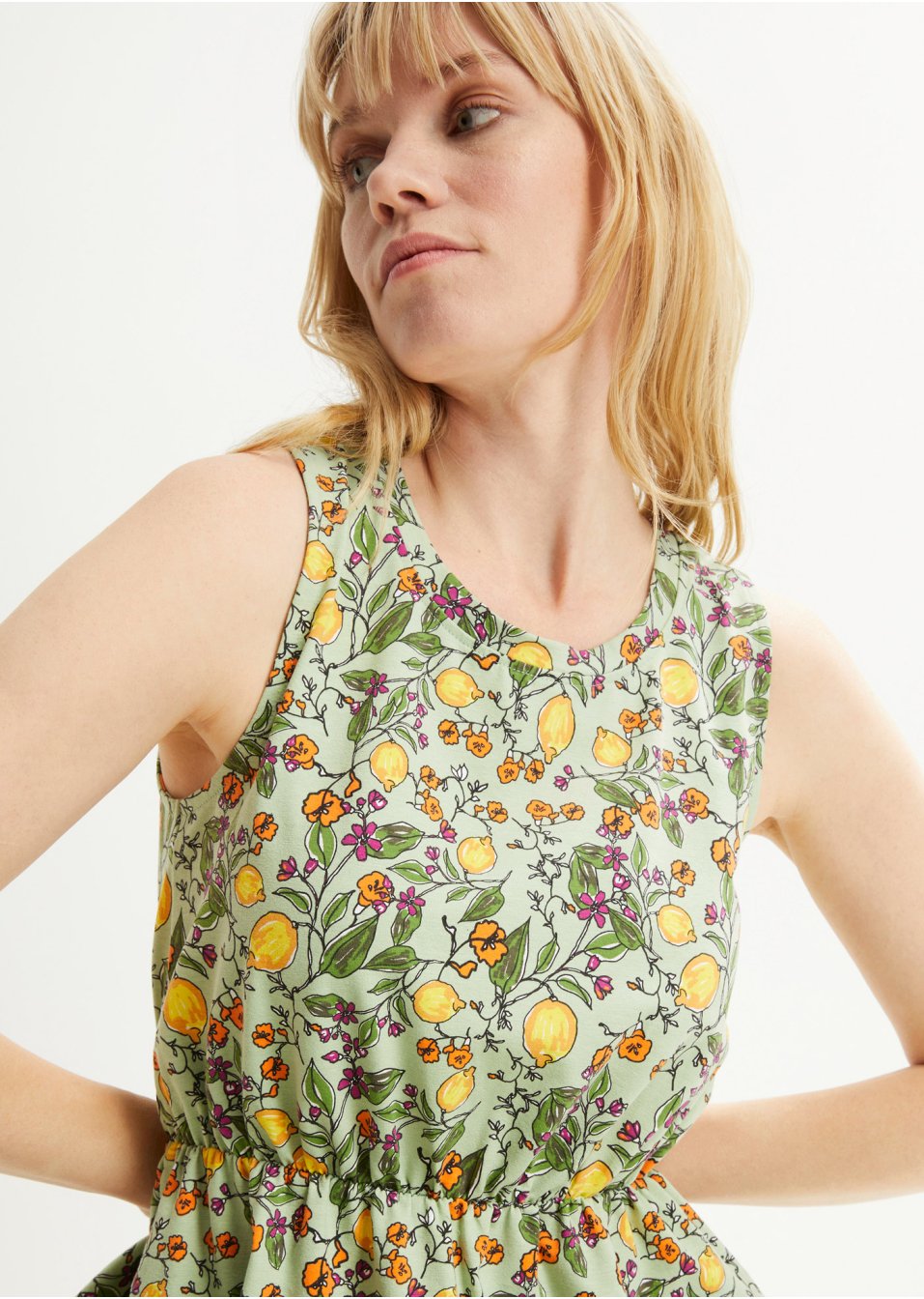 Robe midi à col rond et volant, sans manches