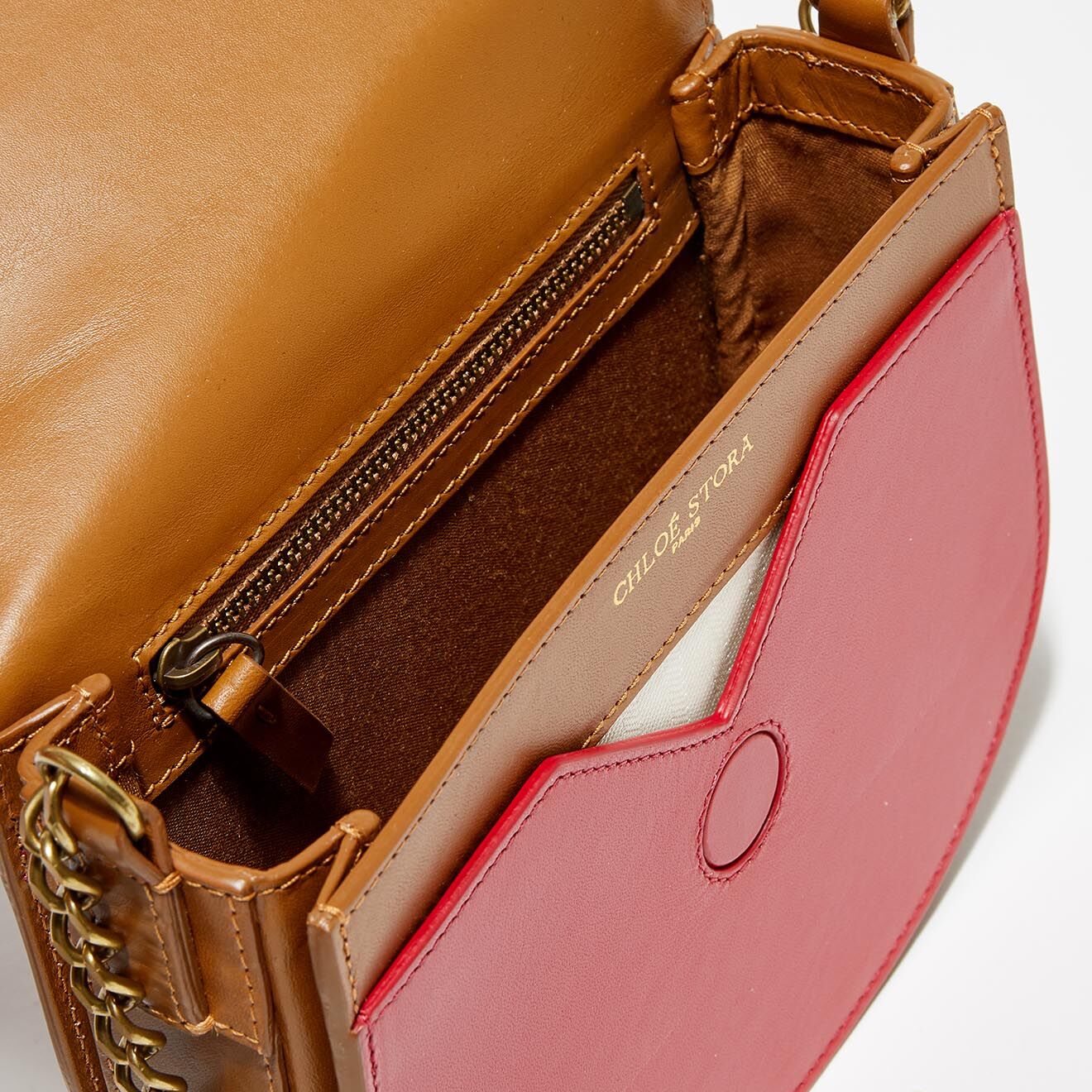 Chloé Stora Petit sac bandoulière en Cuir Suzy camel/rouge - 17.5x15x5.5 cm