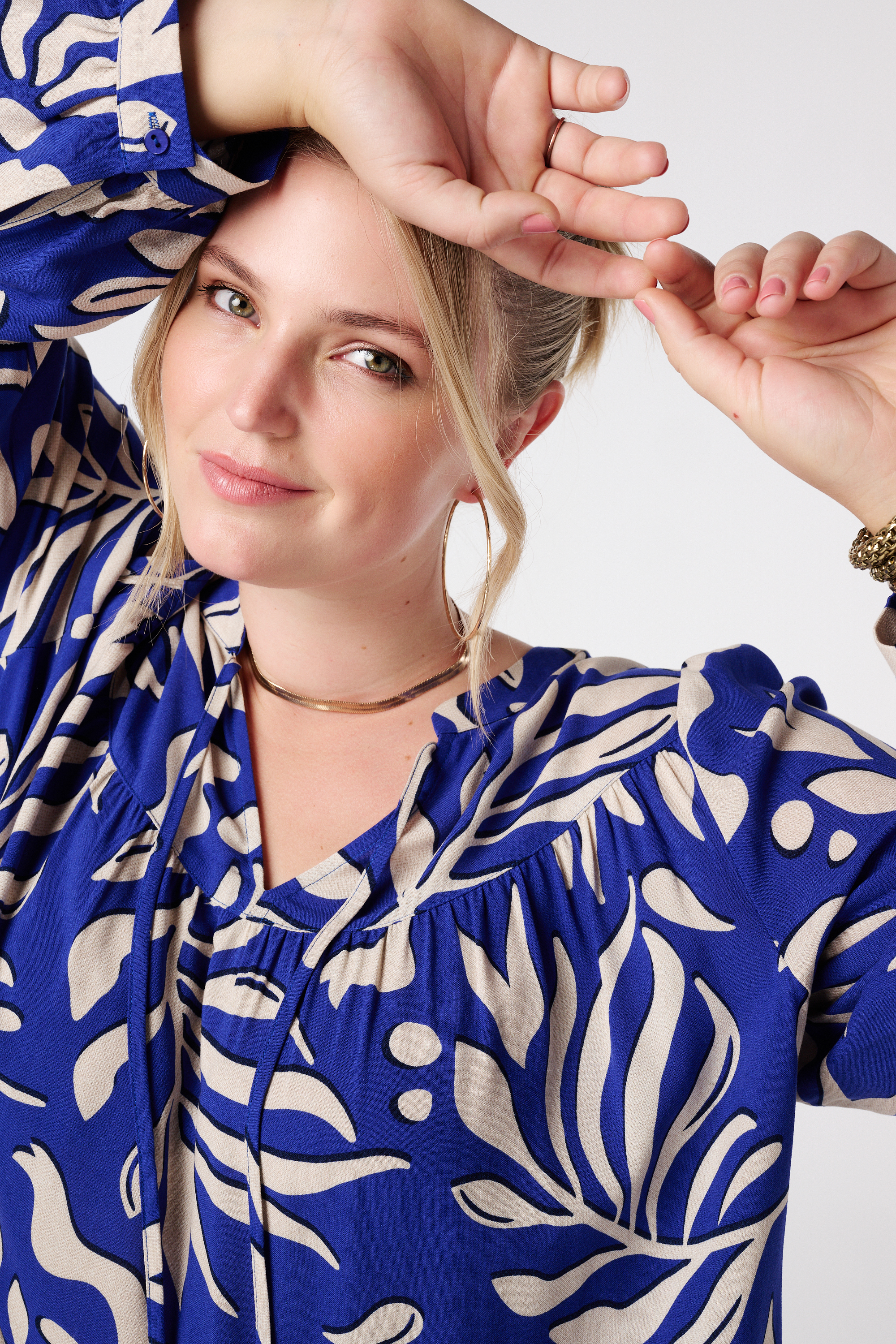 Blouse met print en klosjes Multi Kobalt blauw