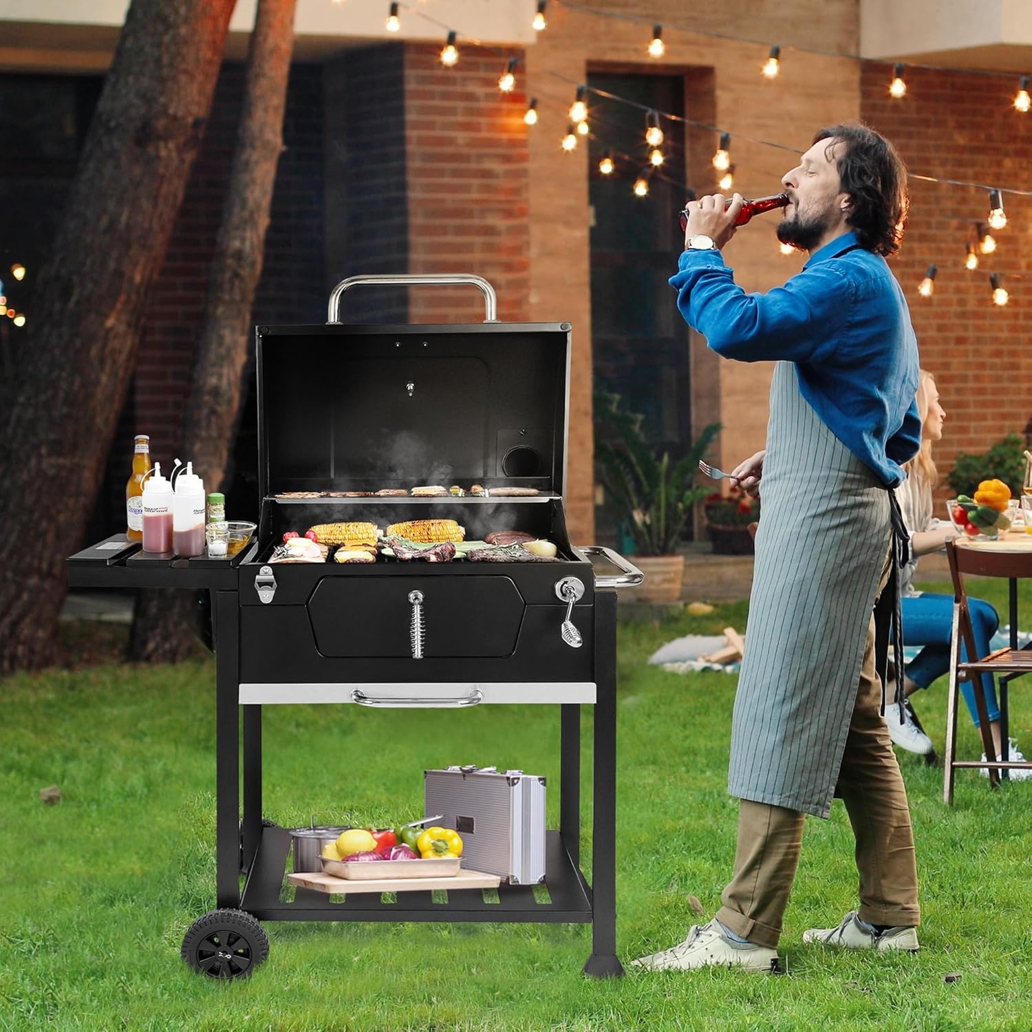 Royal Gourmet CD1824G 61.0 cm Holzkohlegrill mit klappbarem Beistelltisch, Outdoor BBQ Grill mit 490 Sq.in Kochbereich für Picknick und Camping Grillen, Schwarz
