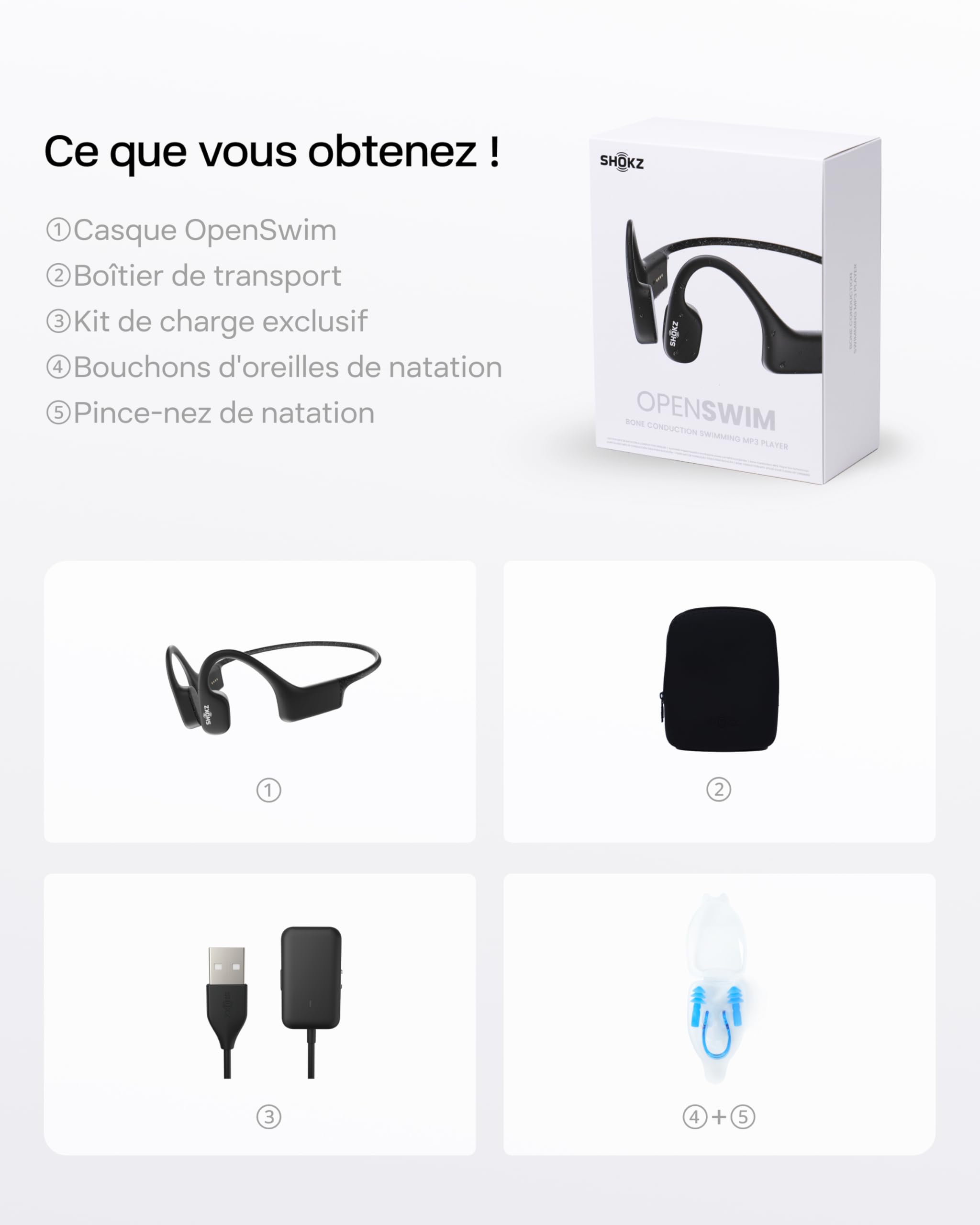 SHOKZ OpenSwim Casque à Conduction osseuse, Lecteur MP3 de Natation étanche IP68, écouteurs de Sport Oreilles Libres avec 4 GB de mémoire, 8H d’autonomie, Bouchons d’oreilles (sans Bluetooth), Noir