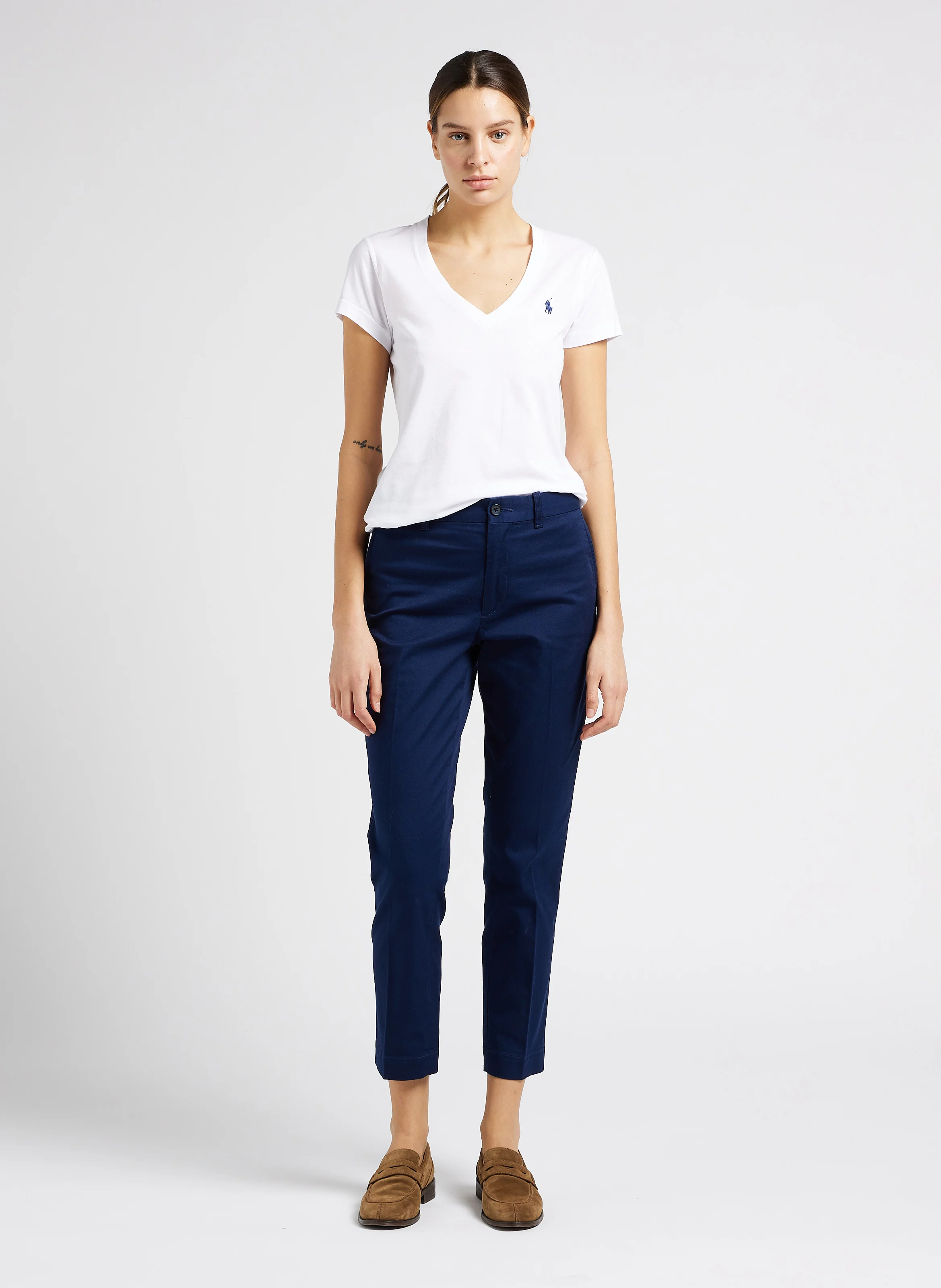 Tee-shirt col V brodé en coton | Blanc