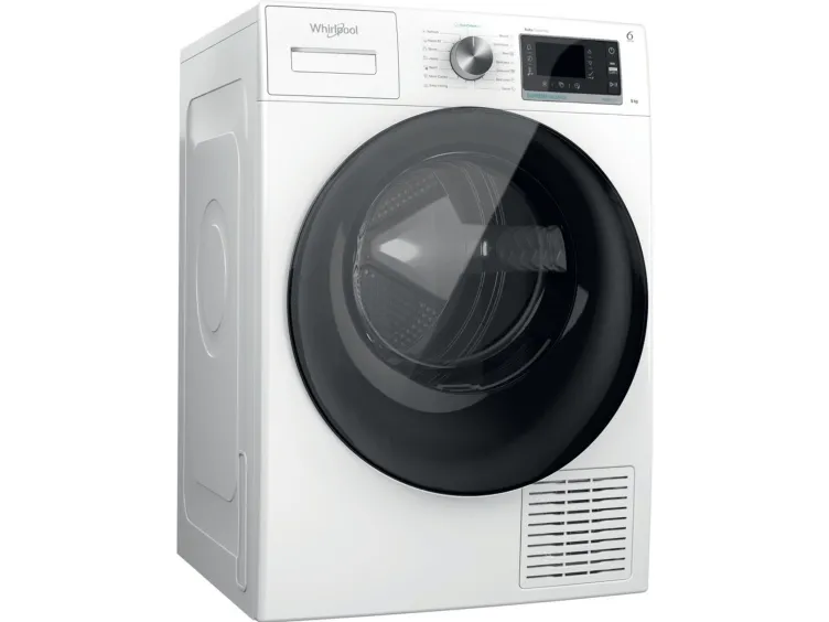 Whirlpool W7 D94WB EE, Fritstående, Front-læsning, Kondensering, Sort, Hvid, Knapper, Dreje, Højre