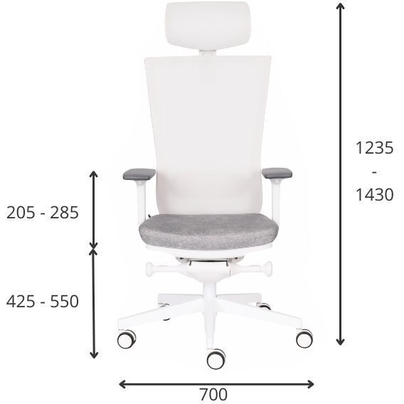 Chaise de bureau ergonomique Marti, tissu et maille, mécanisme synchrone + réglage profondeur d'assise, appui-tête, accoudoirs 3D , piètement roulettes blanc