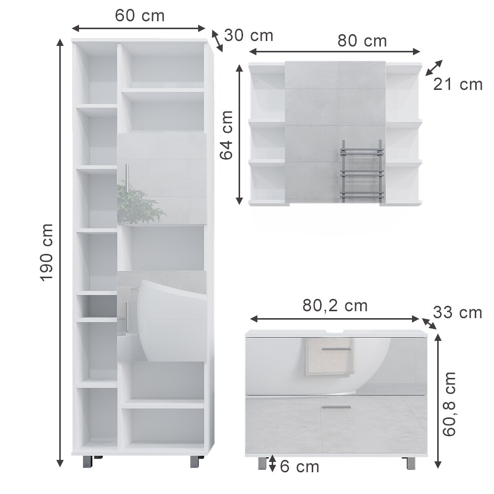 Vicco Badmöbel-Set Ilias Weiß Hochglanz modern Waschtischunterschrank Spiegelschrank Hochschrank