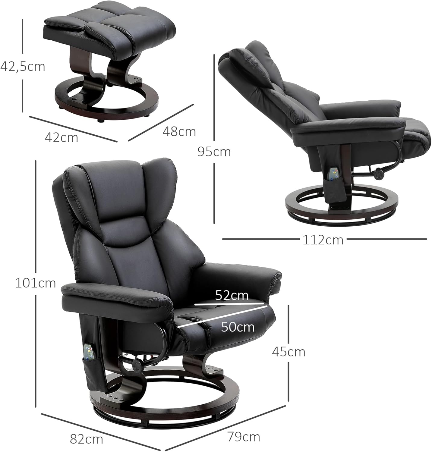 HOMCOM Relaxsessel mit Hocker, 360°drehbarer Fernsehsessel mit Massage, Liegefunktion, Massagesessel mit Seitentasche, Liegesessel, Kunstleder für Wohnzimmer Schwarz