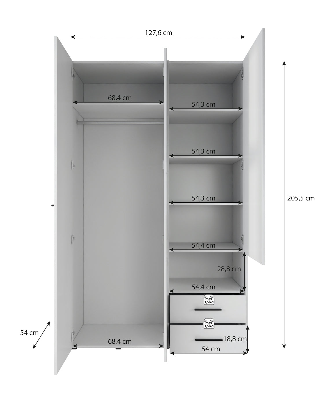 Meubella - Kledingkast Laura - Wit - 128 cm - Met spiegel