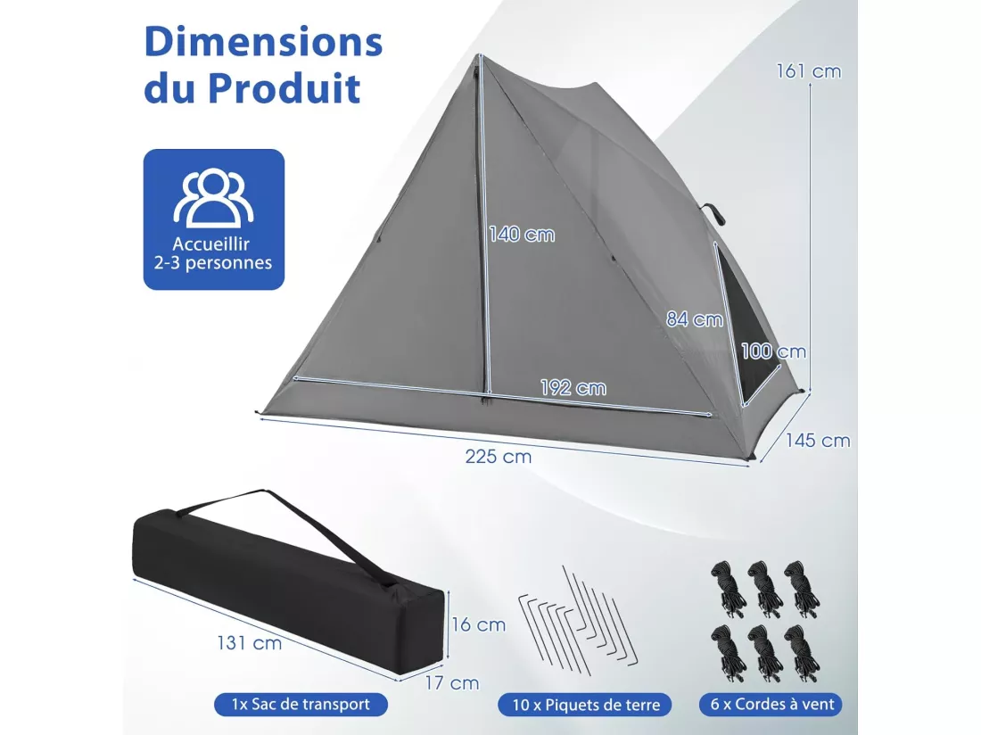 Tente de Camping Escamotable pour 2-3 Personnes, Tente Familiale Imperméable Transparente Unidirectionnelle à 360° avec Coupe-Vent Sac de Transport, 225 x 145 x 161 cm