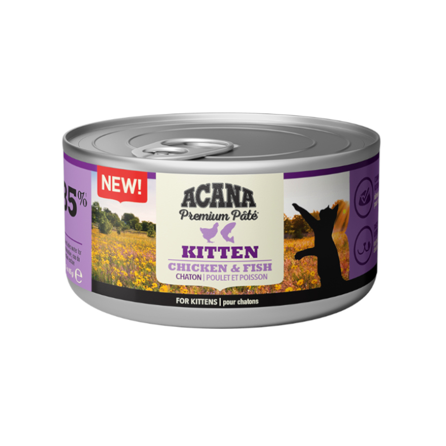 Lata de 85g de patê Acana Premium de frango e peixe para gatinhos.