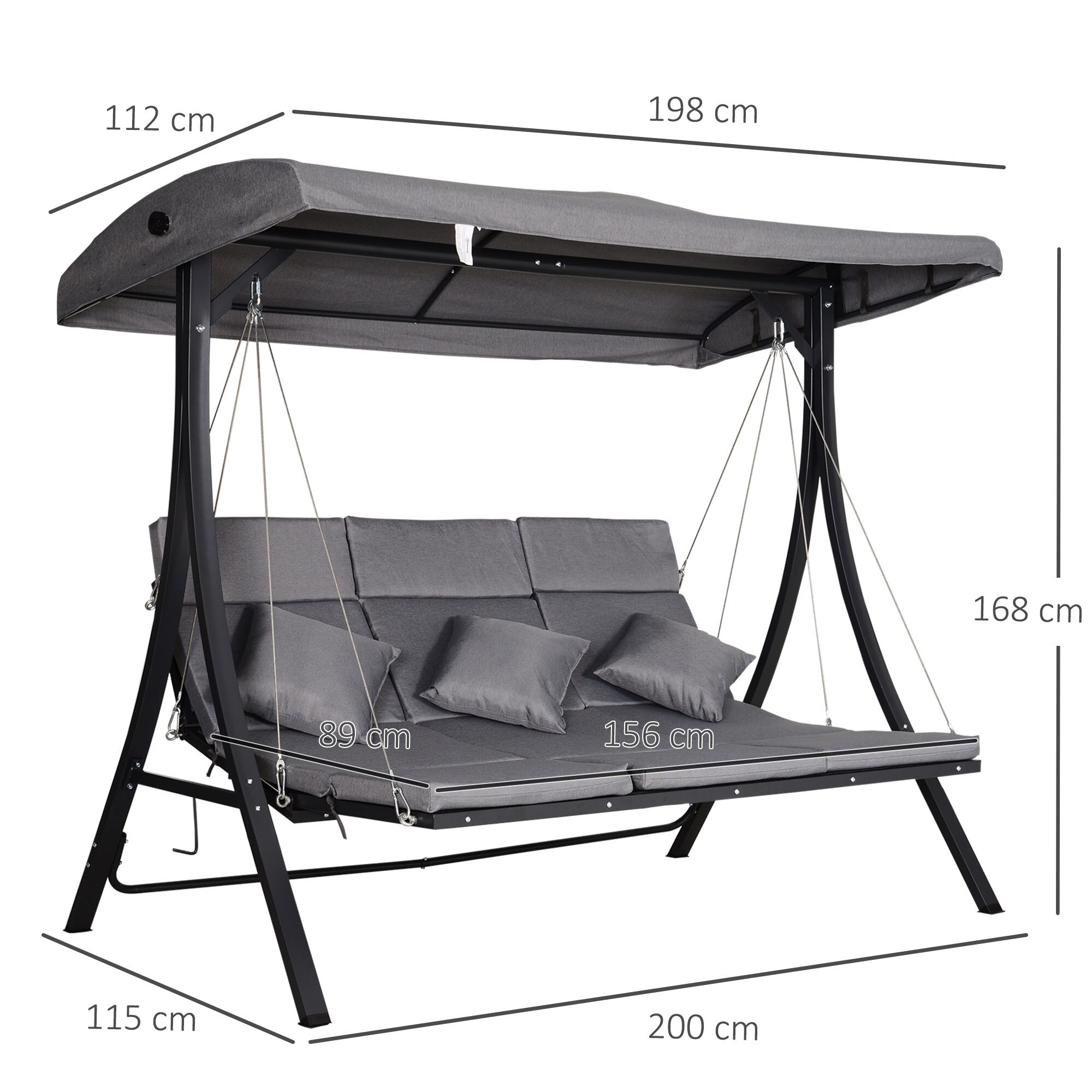 Outsunny Hollywoodschaukel als 3-Sitzer grau/schwarz 200 x 115 x 168 cm (BxTxH)