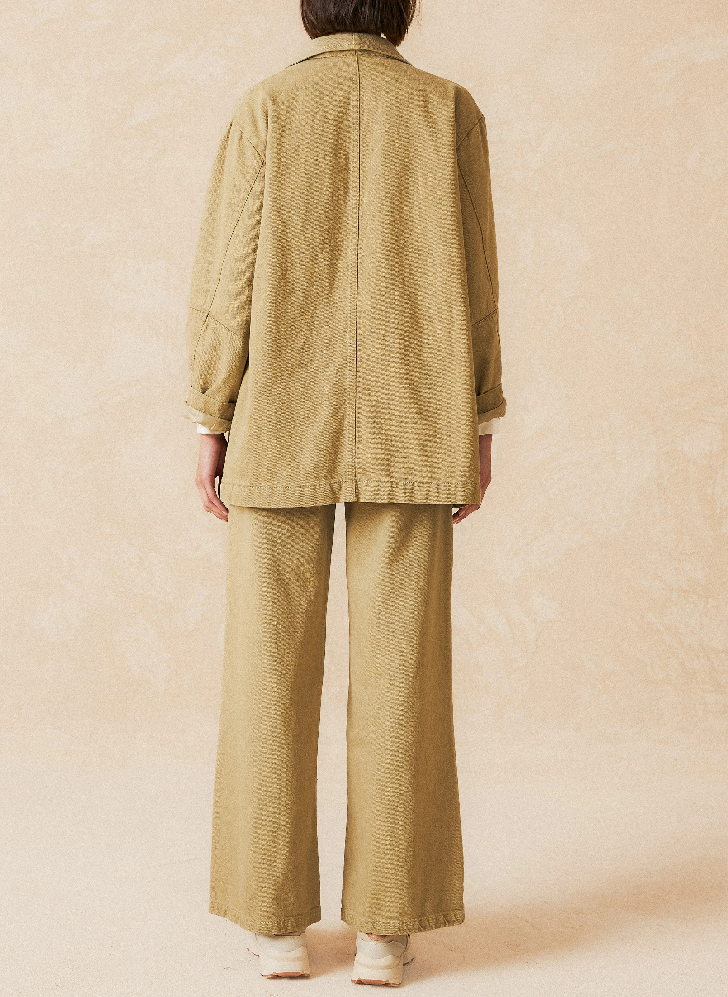 Veste ample col châle en coton et lin | Vert